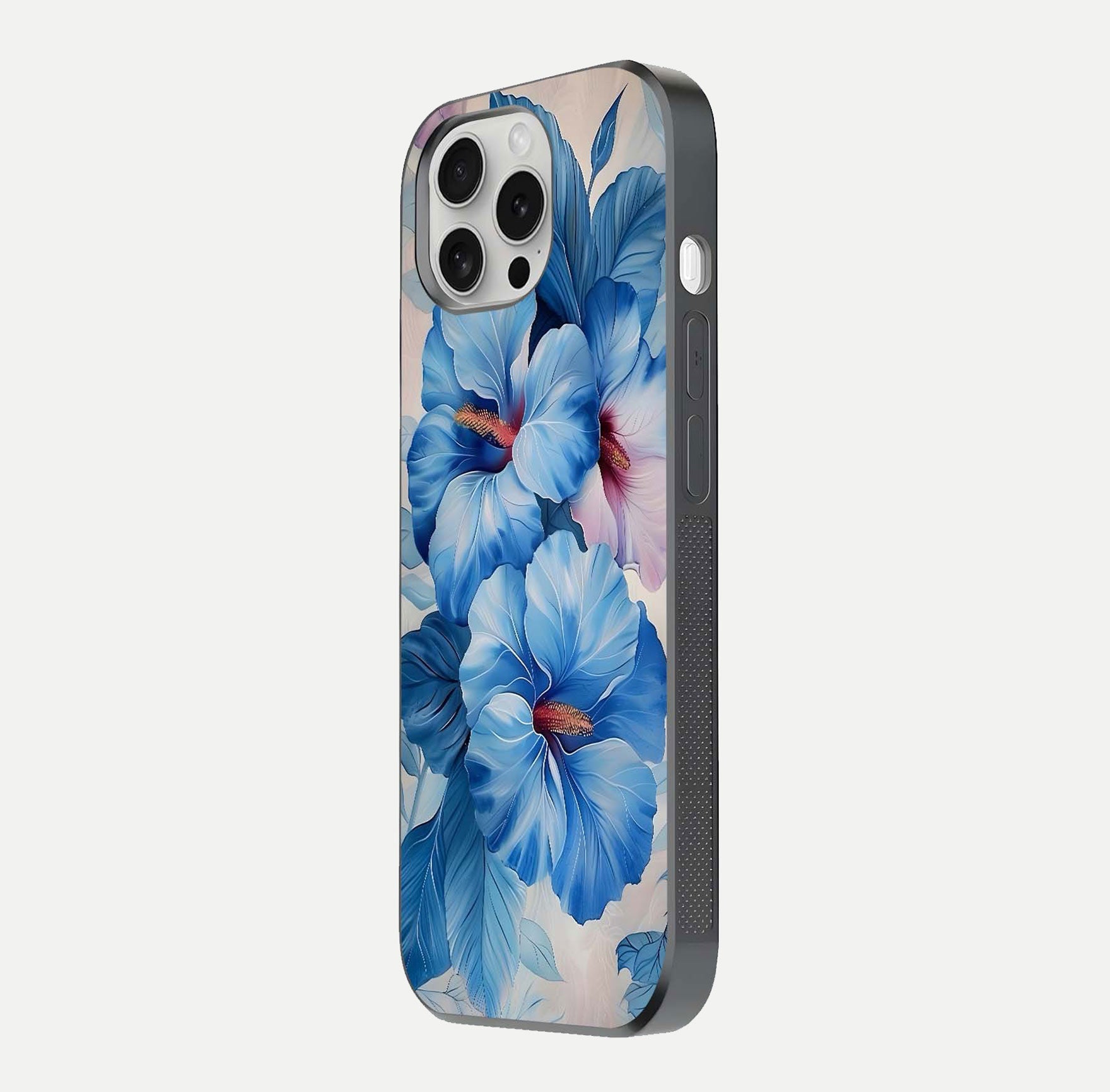 Ocean Hibiscus Grace Glass Case for iPhone 16 Pro side-angle image showing smooth texture and hibiscus details