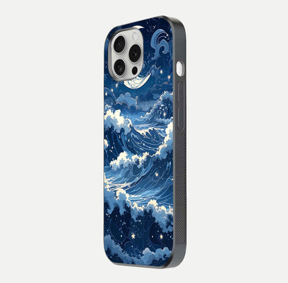 Ocean Moon Waves Glass Case for iPhone 16 Pro side-angle image showing shine and ocean gradient tones