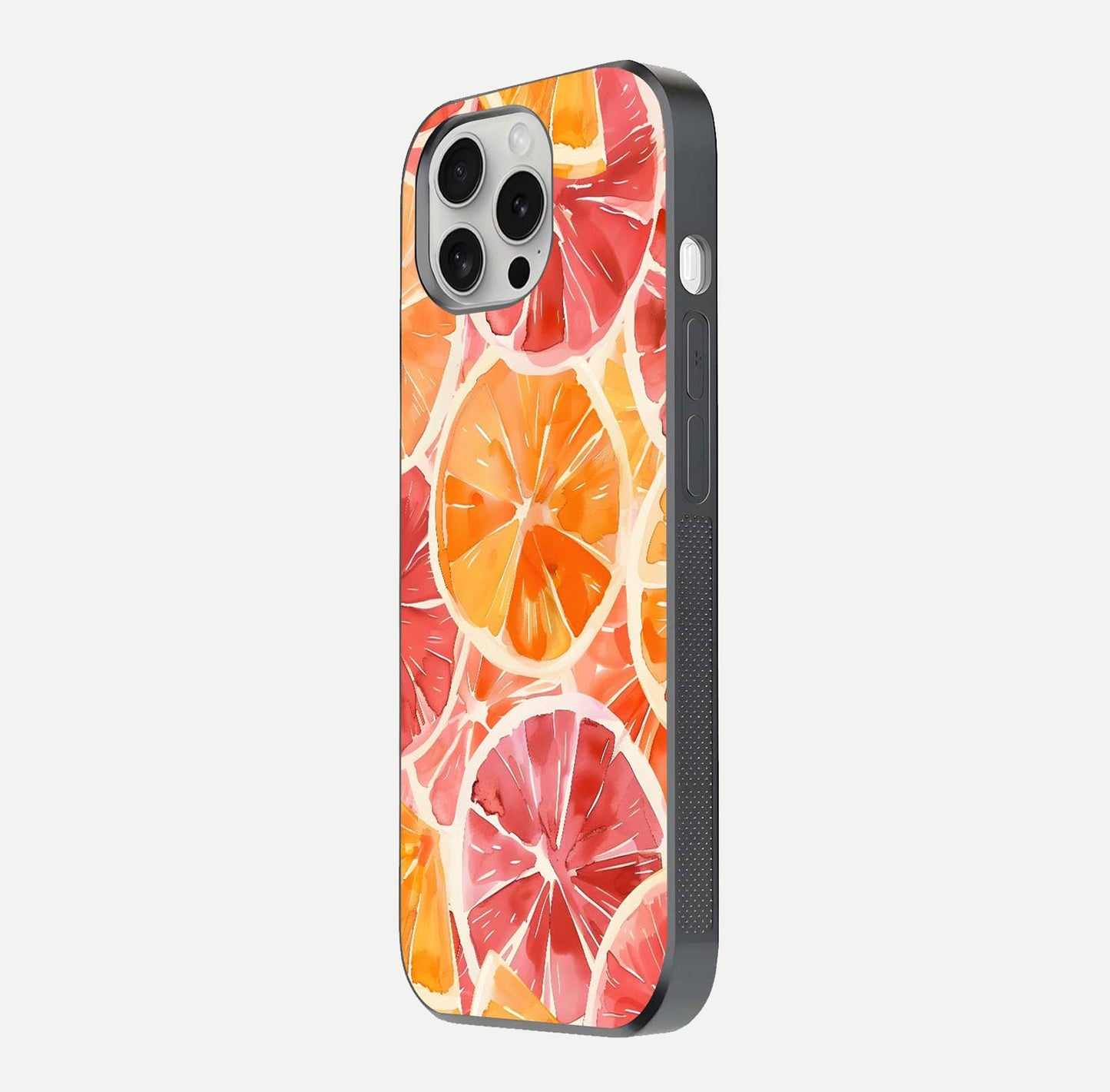 Orange Fruits Pattern Glass Case for iPhone 16 Pro side-angle image showing glossy shine and citrus pattern