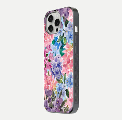 Pastel Floral Mix Glass Case for iPhone 16 Pro side-angle image showing reflection and delicate pastel hues
