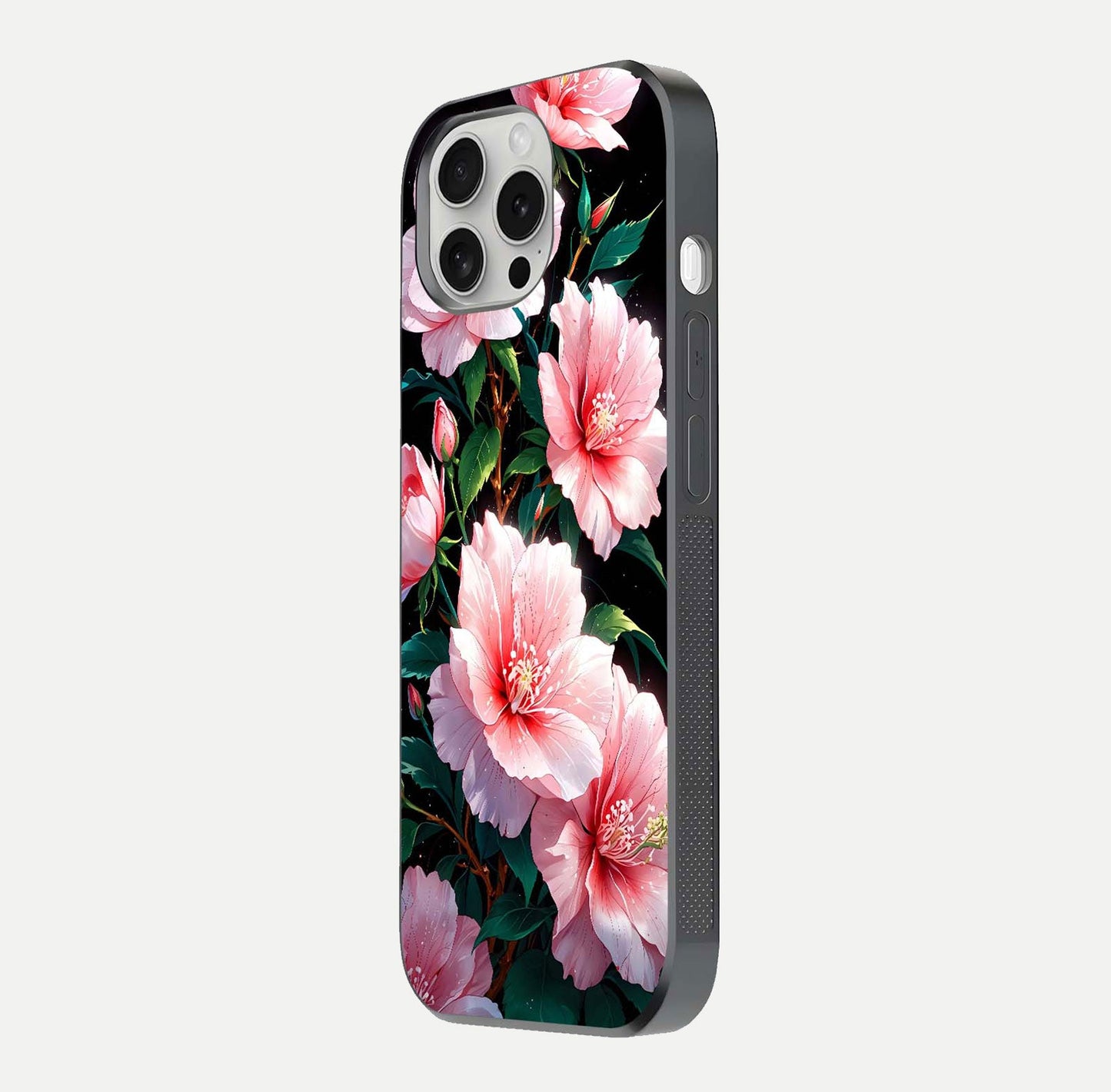 Peach Flower Glass Case for iPhone 16 Pro side-angle image showing gloss depth and peach blossom detail