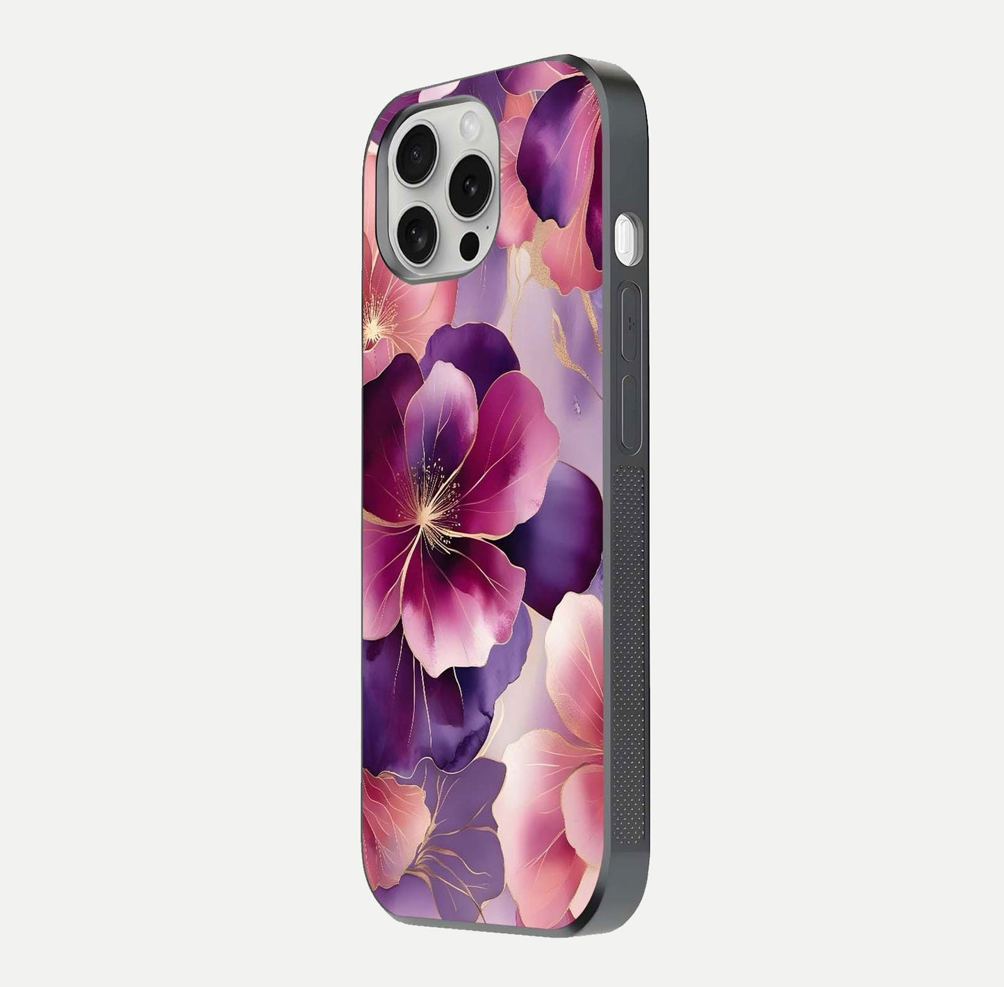 Pink Bouquet Florals Glass Case for iPhone 16 Pro side-angle image showing floral texture and reflection clarity