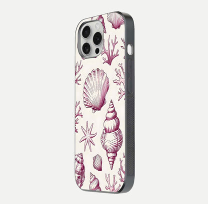 Pink Shells Outline Glass Case for iPhone 16 Pro side-angle image showing shine and intricate outline texture