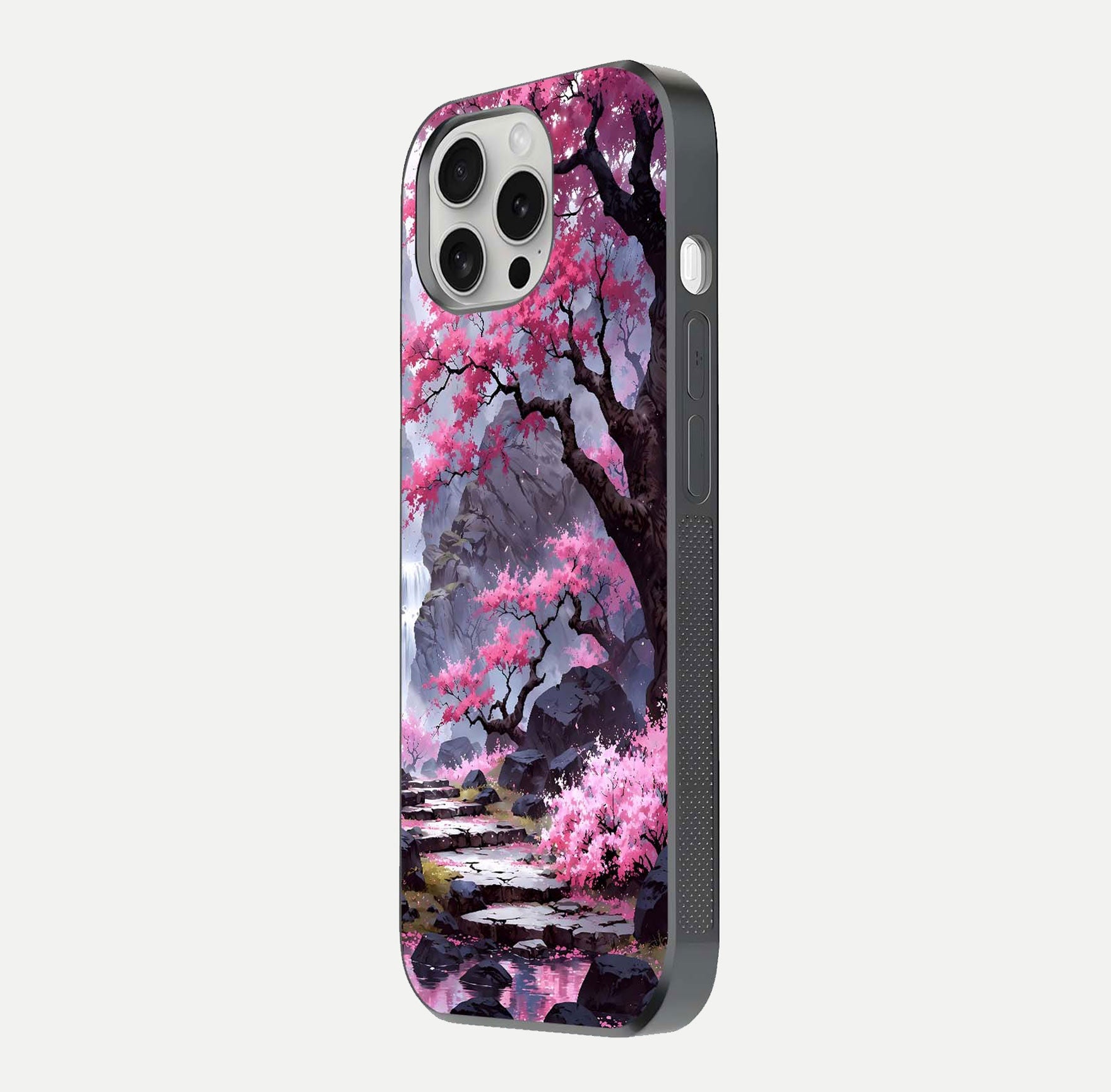 Pinkish Scenery Glass Case for iPhone 16 Pro side-angle image showing depth, gloss, and scenic details