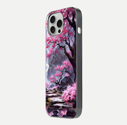 Pinkish Scenery Glass Case for iPhone 16 Pro side-angle image showing depth, gloss, and scenic details