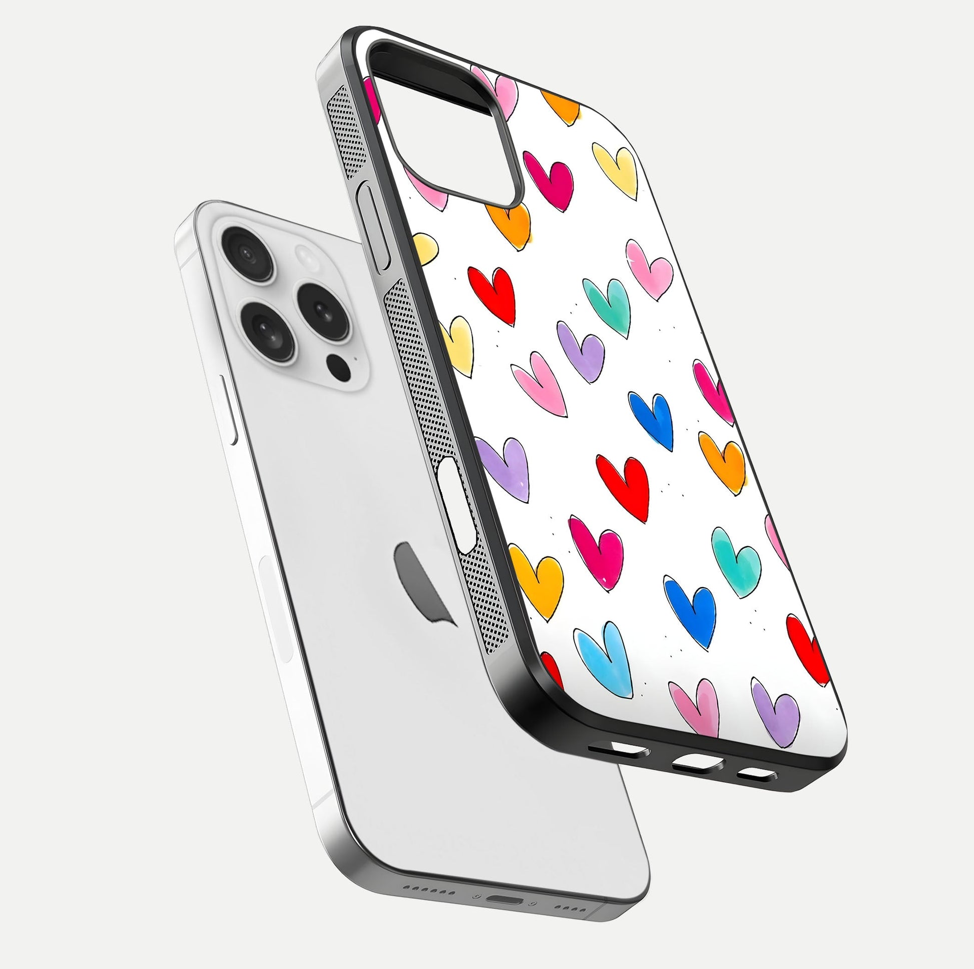 Playful Love Doodles iPhone 16 Pro glass phone case floating view emphasizing glossy finish and playful design