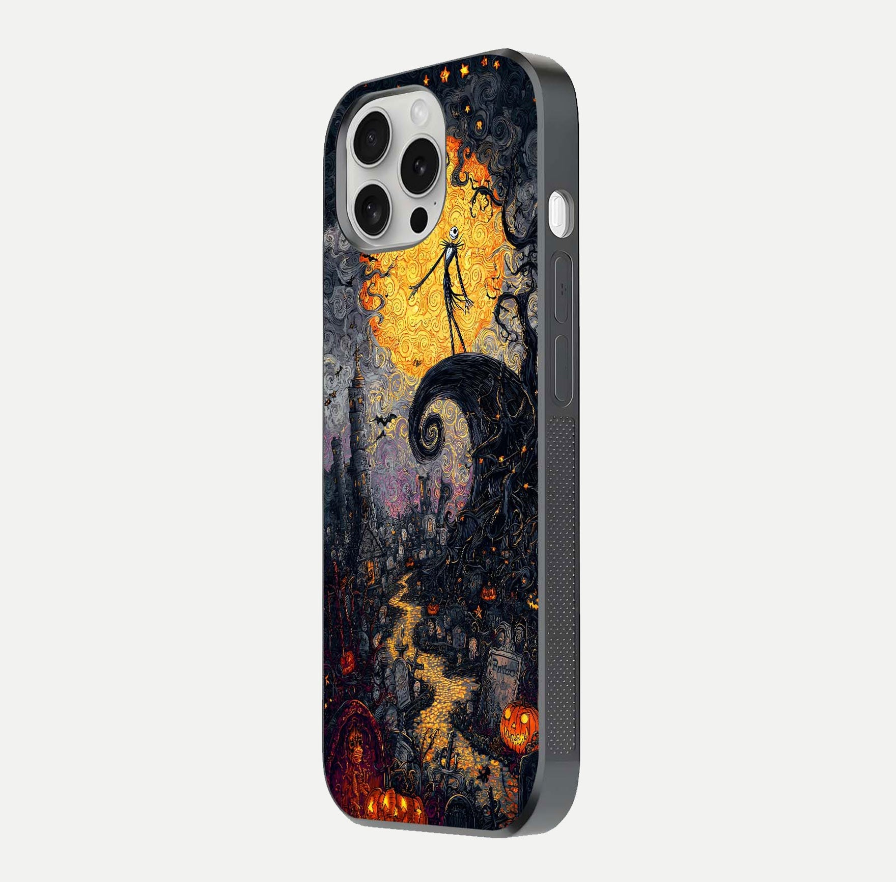 Pumpkin Moon Night Glass Case for iPhone 16 Pro side-angle image showing reflection depth and pumpkin pattern