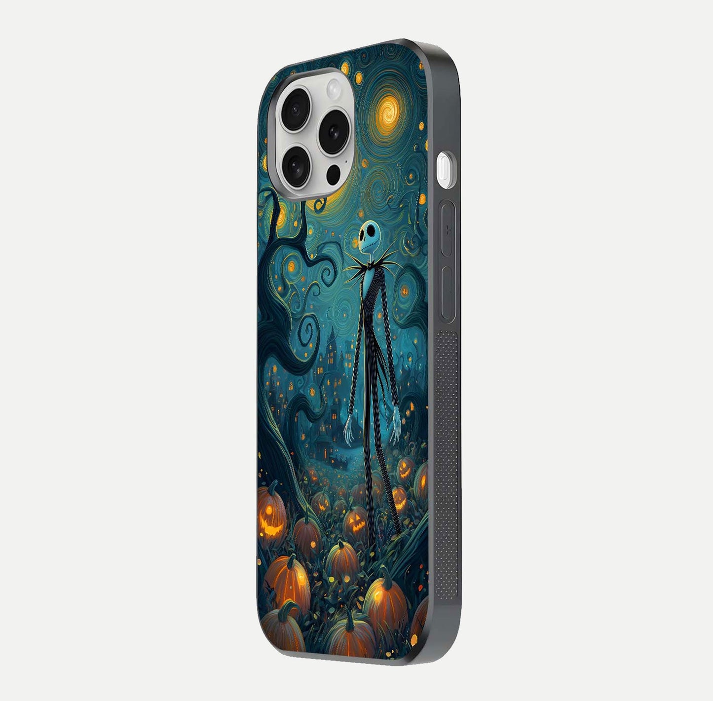 Pumpkin Moonlight Tale Glass Case for iPhone 16 Pro side-angle image showing glow texture and Halloween vibe