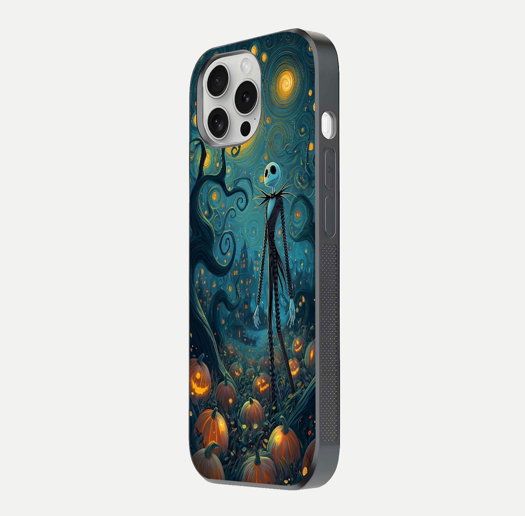 Pumpkin Moonlight Tale Glass Case for iPhone 16 Pro side-angle image showing glow texture and Halloween vibe