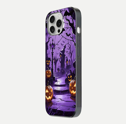 Pumpkin Patch Halloween Glass Case for iPhone 16 Pro side-angle image showing shine, camera cutout, and spooky art