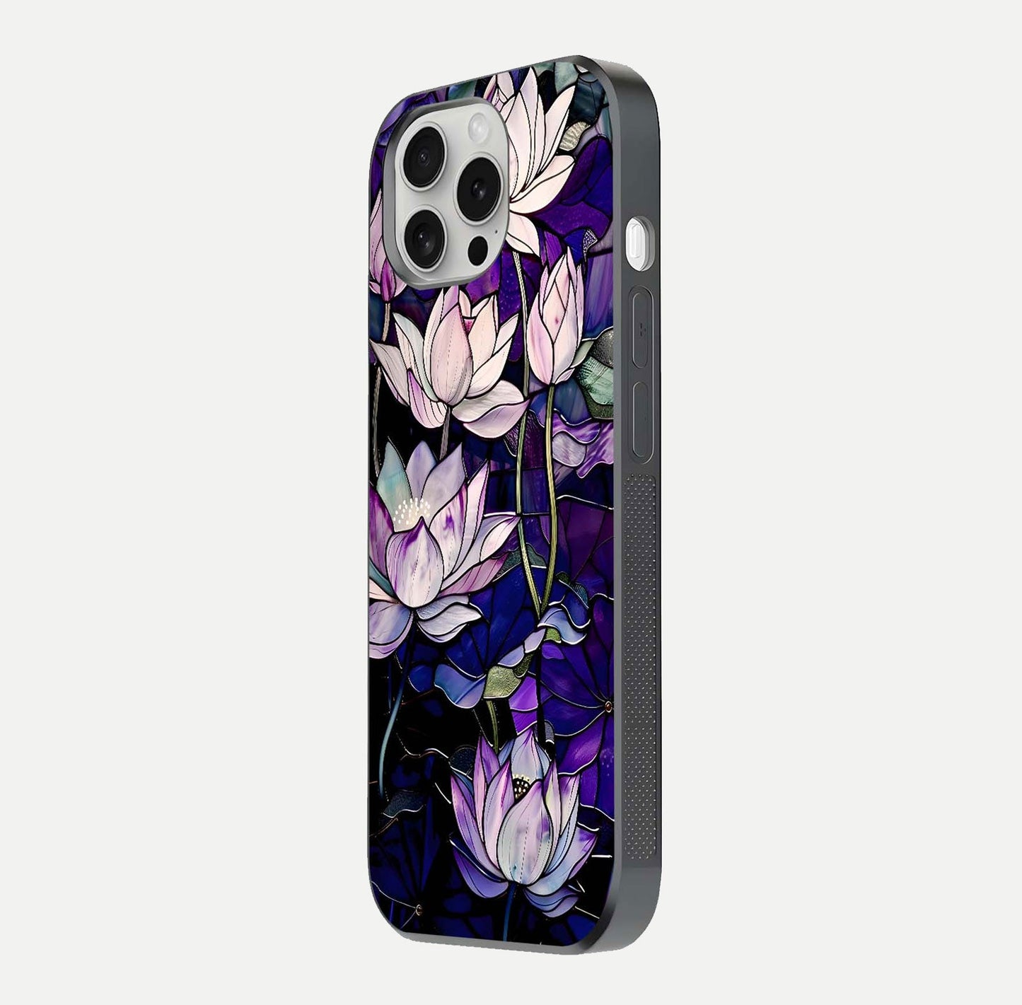 Purple Lotus Pattern Glass Case for iPhone 16 Pro side-angle image showing reflection depth and lotus detail