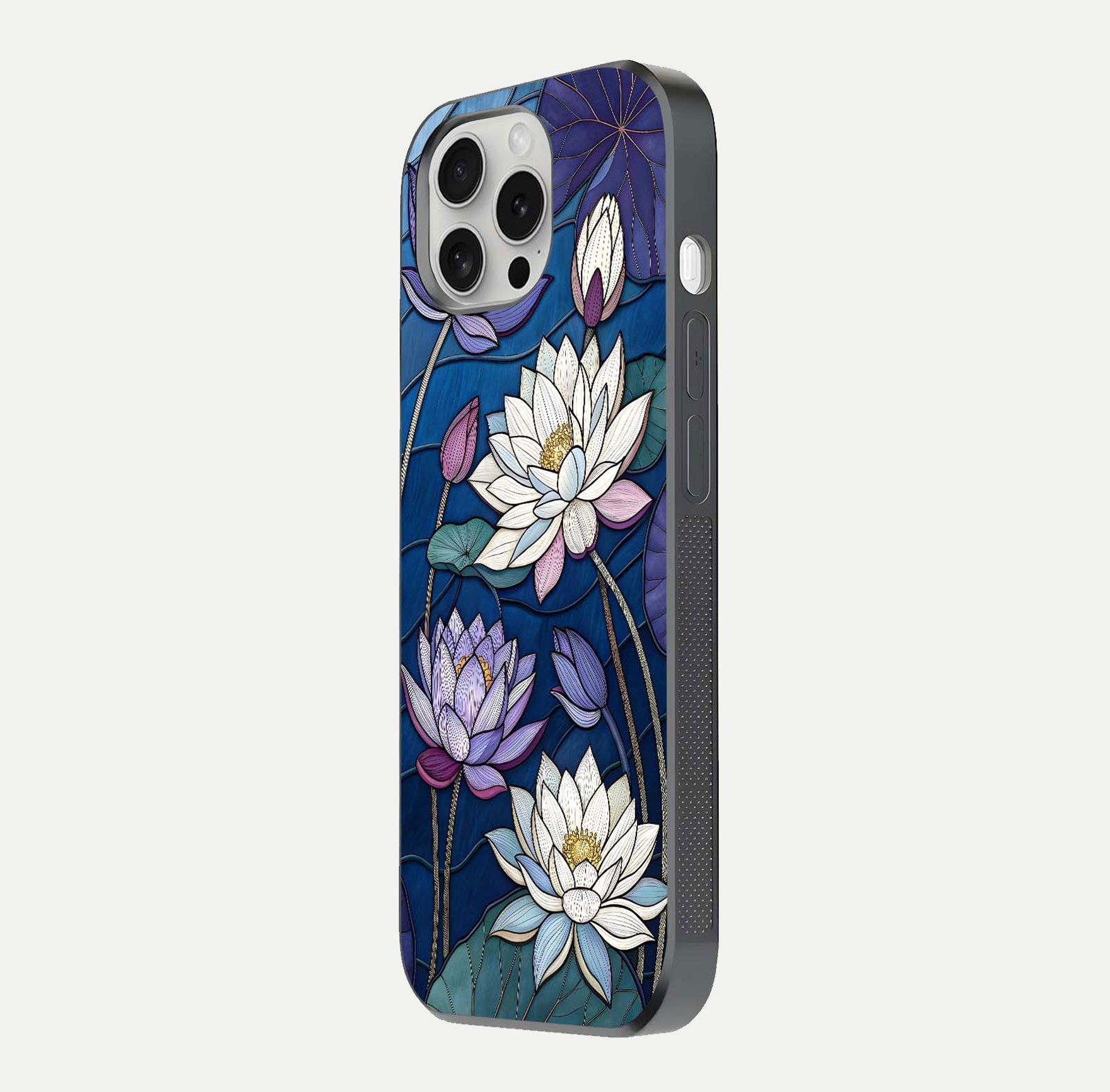 Purple Lotus Stained Glass Case for iPhone 16 Pro side-angle image showing gloss, reflection, and intricate detailing