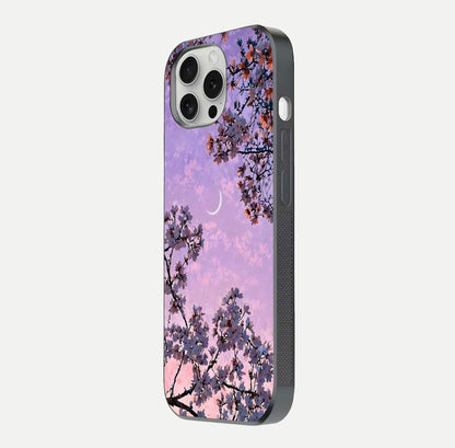 Purple Serenity Moon Glass Case for iPhone 16 Pro side-angle image showing reflection and lunar art precision