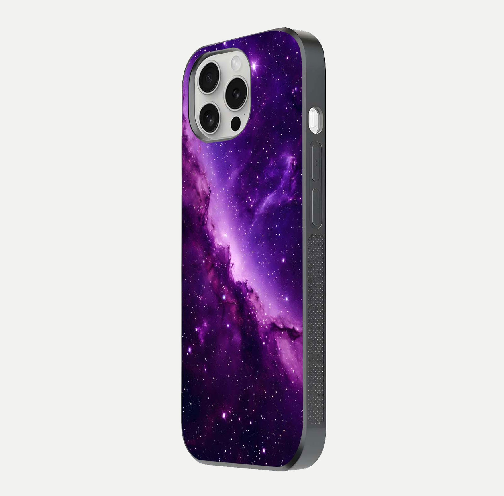 Purple Shade Sky Glass Case for iPhone 16 Pro side-angle image showing shine and soft violet blend