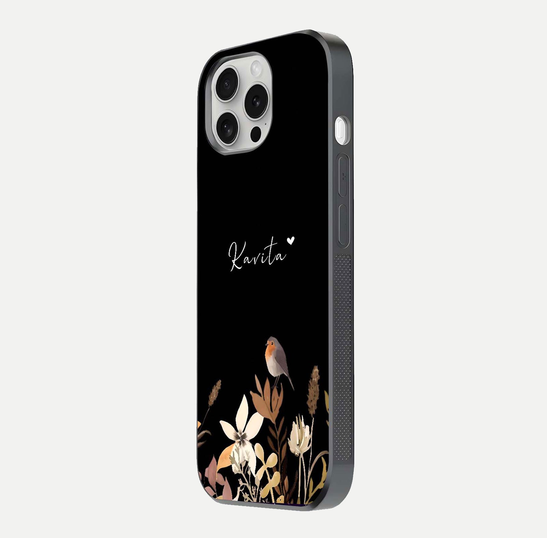 Quiet Garden Tune Custom Name Glass Case for iPhone 16 Pro side-angle image showing reflection and floral design