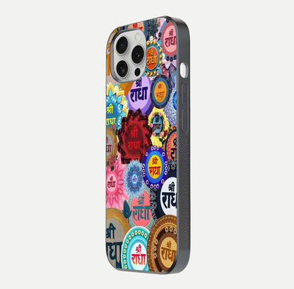 Radha Divine Bloom Glass Case for iPhone 16 Pro side-angle image showing shine, reflection, and floral motif