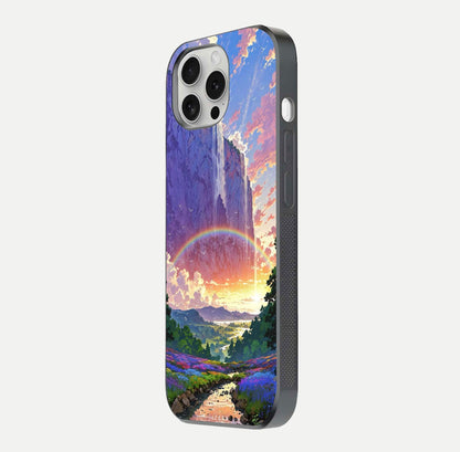 Rainbow Valley Dream Glass Case for iPhone 16 Pro side-angle image showing light reflection and scenic tones