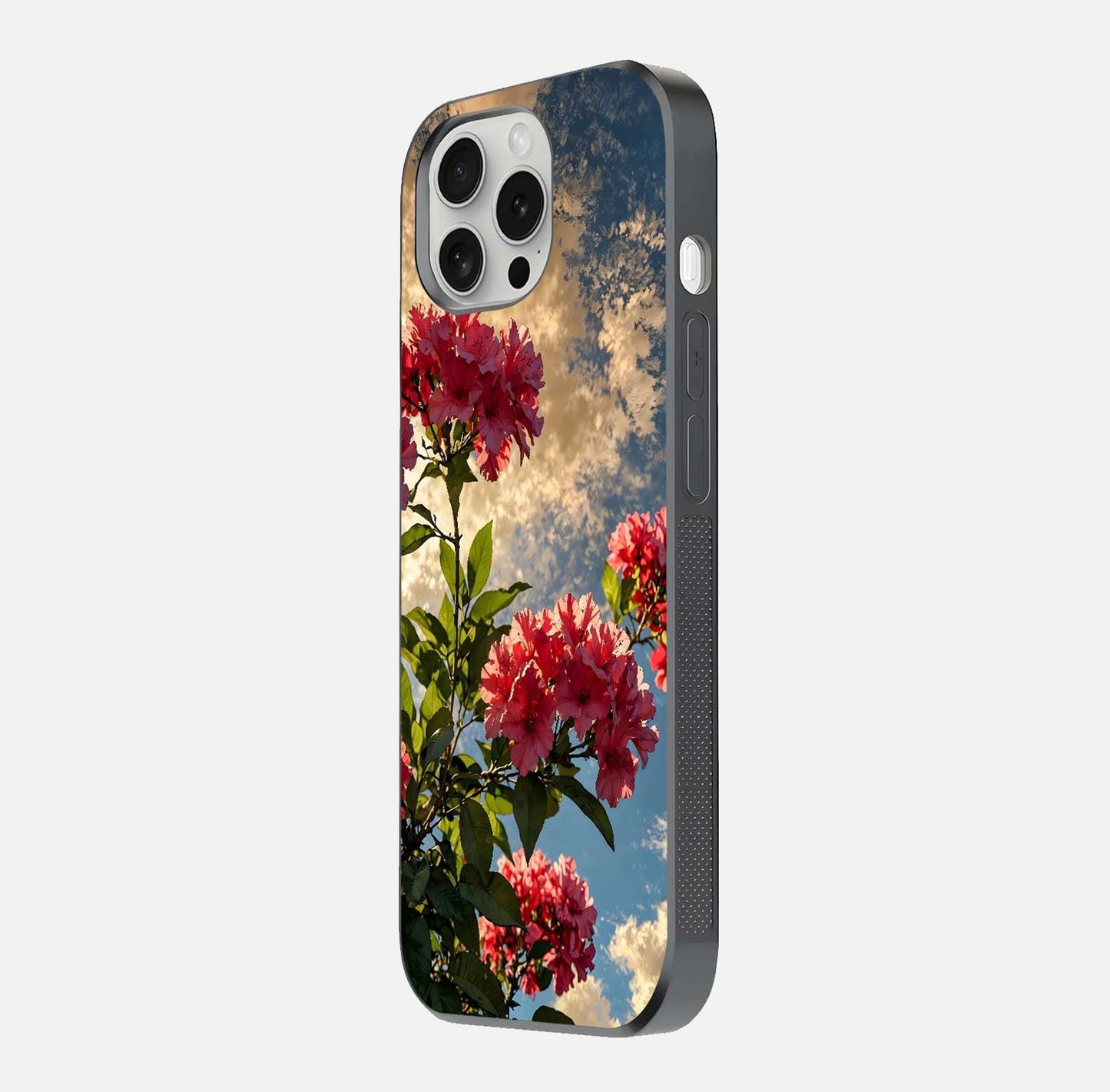 Red Bloom Skies Glass Case for iPhone 16 Pro side-angle image showing reflection, print clarity, and tone blend