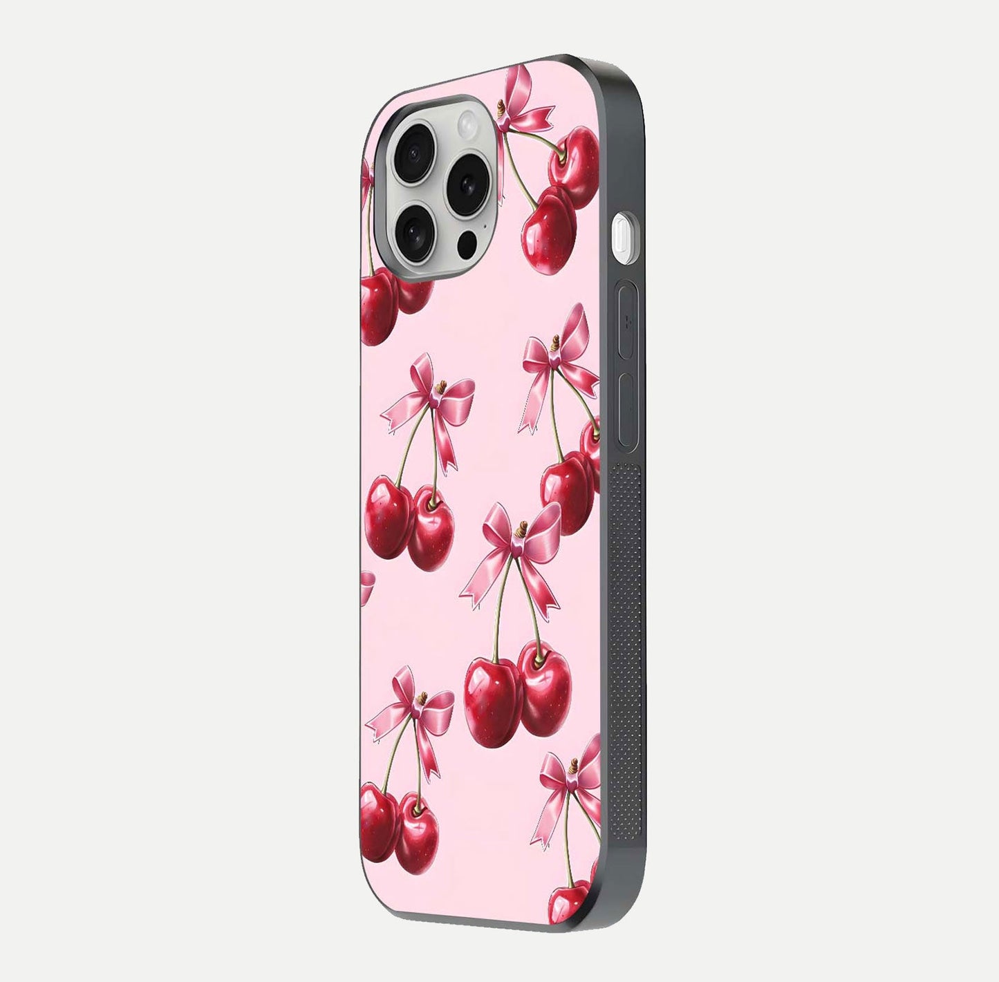 Red Cherries Pattern Glass Case for iPhone 16 Pro side-angle image showing gloss surface and cherry details