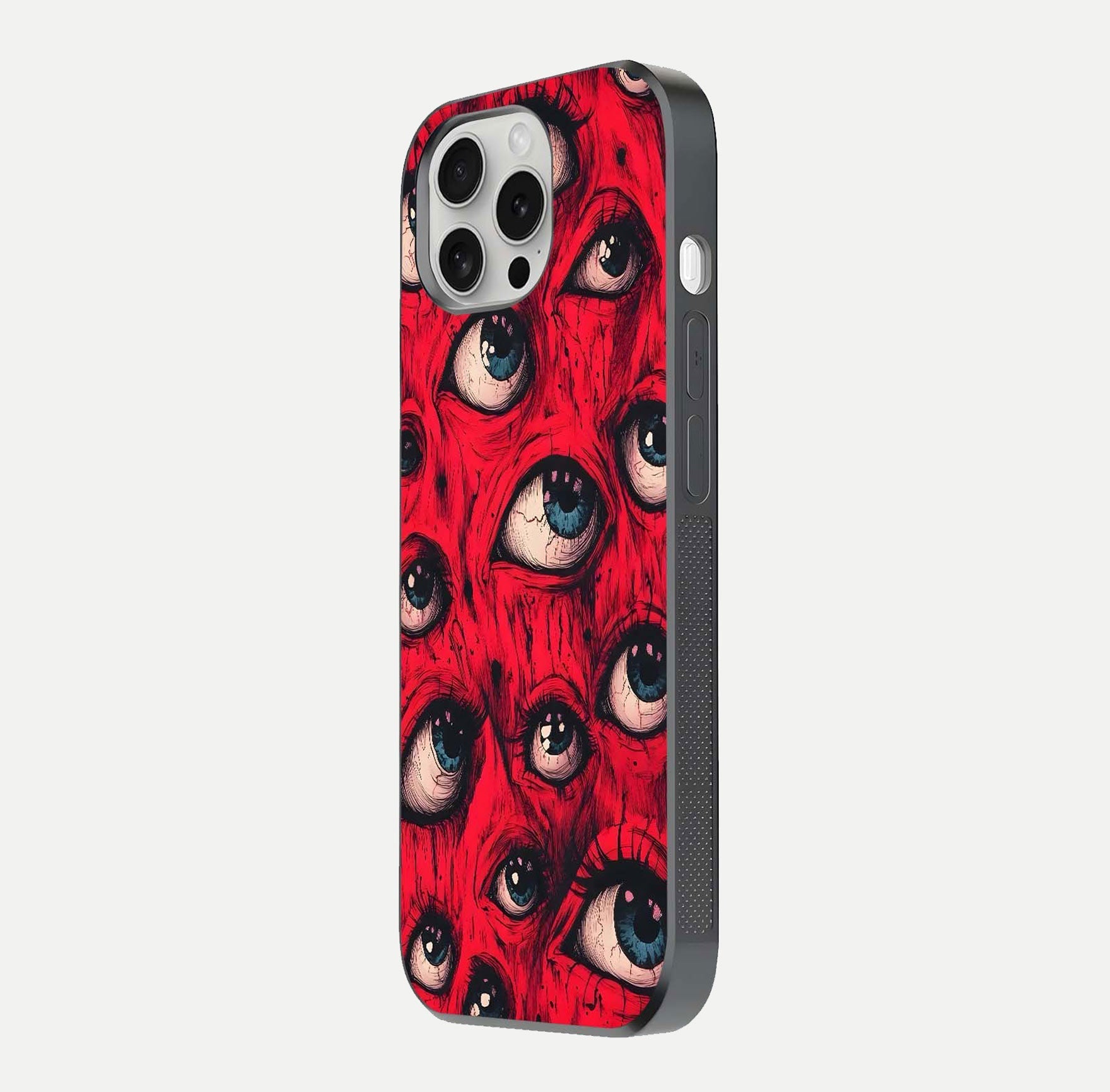Red Eyes Pattern Glass Case for iPhone 16 Pro side-angle image showing shine, detail, and red tone clarity