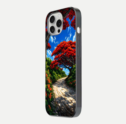 Red Trees Pathway Glass Case for iPhone 16 Pro side-angle image showing reflection and autumn vibe
