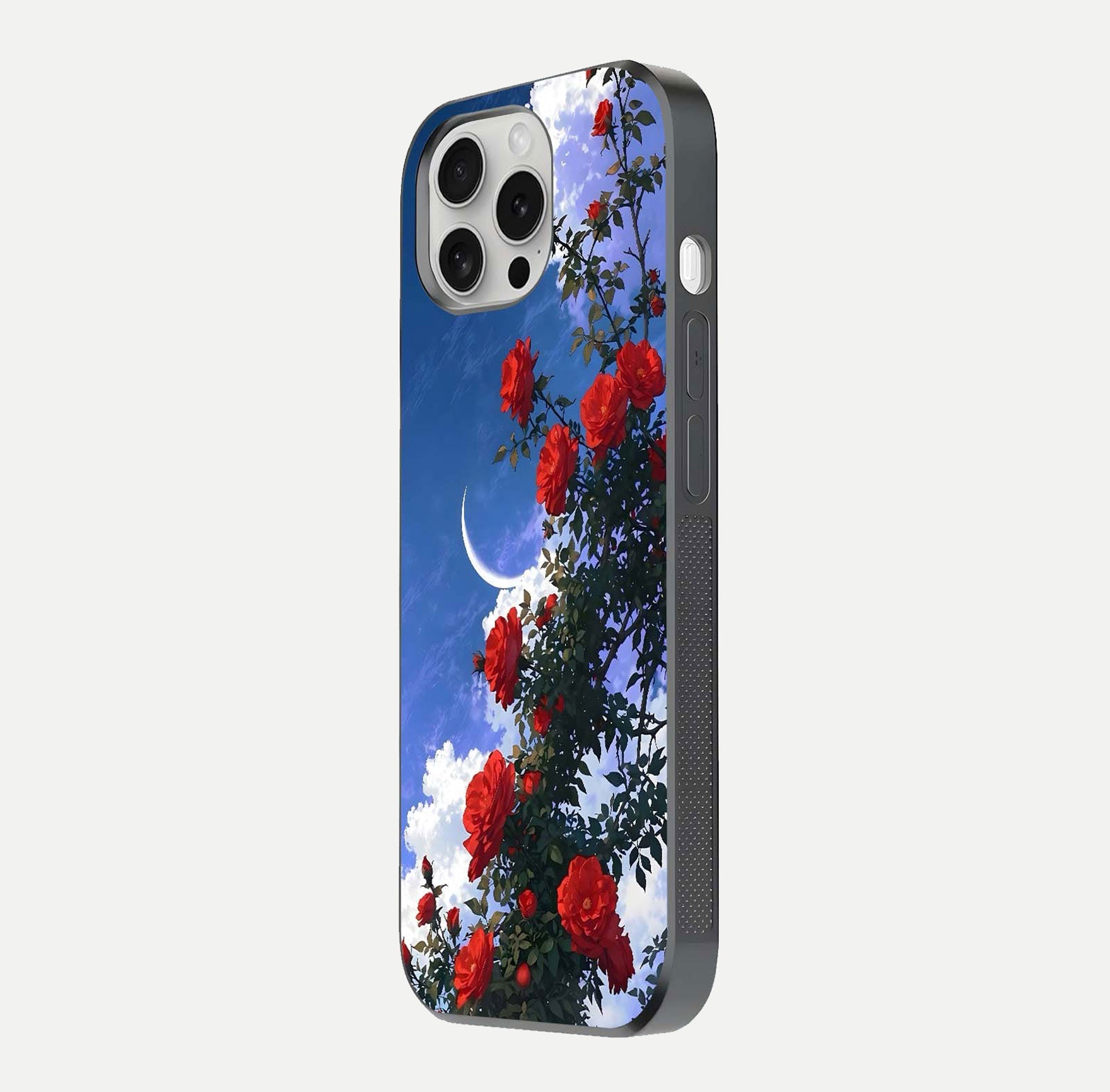 Rose Drift Flowers Glass Case for iPhone 16 Pro side-angle image showing reflection and petal detail