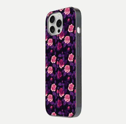 Rose Garden Twilight Glass Case for iPhone 16 Pro side-angle image showing reflection, gloss, and floral detail