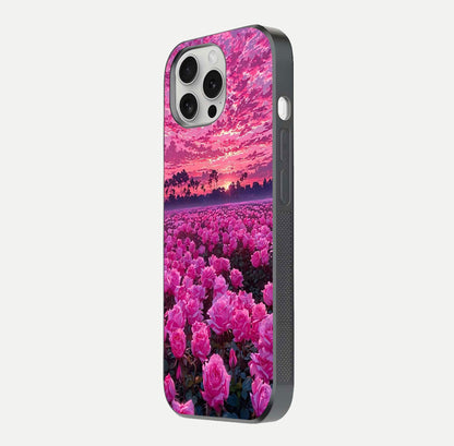 Rose Sunset Valley Glass Case for iPhone 16 Pro side-angle image showing smooth edges and floral glow