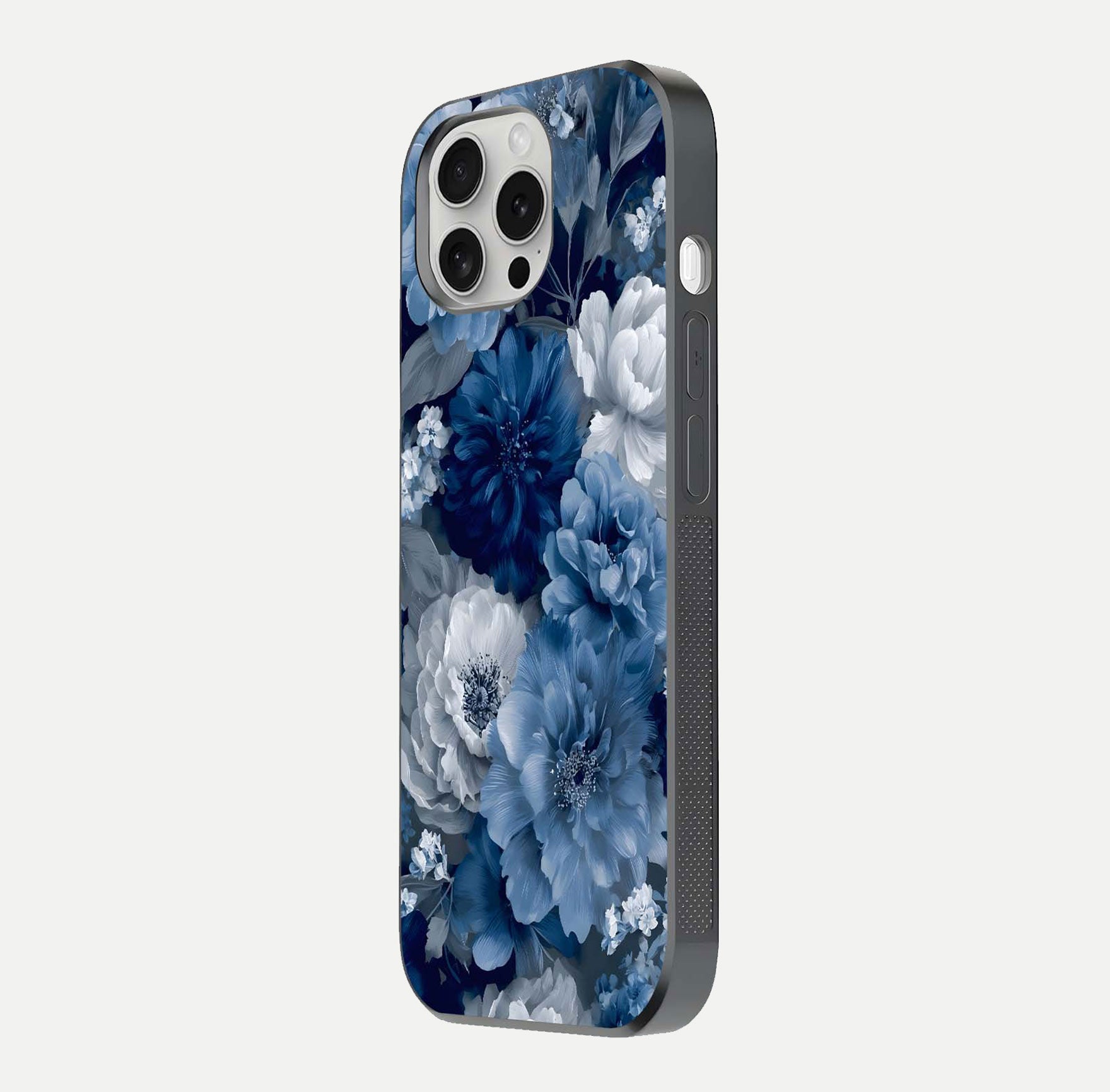 Royal Bloom Garden Glass Case for iPhone 16 Pro side-angle image showing floral pattern, edges, and reflection