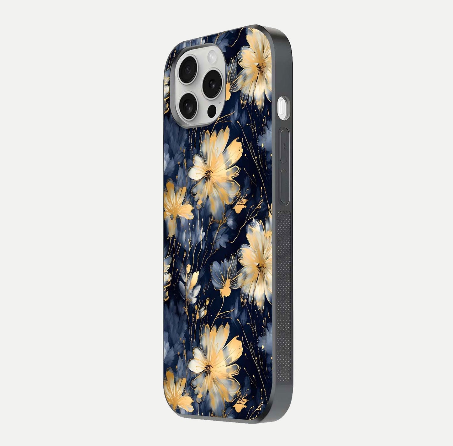 Royal Petal Dream Glass Case for iPhone 16 Pro side-angle image showing smooth edges and royal bloom details
