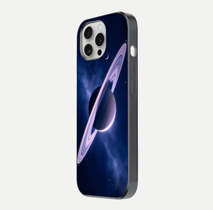 Saturn Ring Mystique Glass Case for iPhone 16 Pro side-angle image showing shine and galaxy ring focus