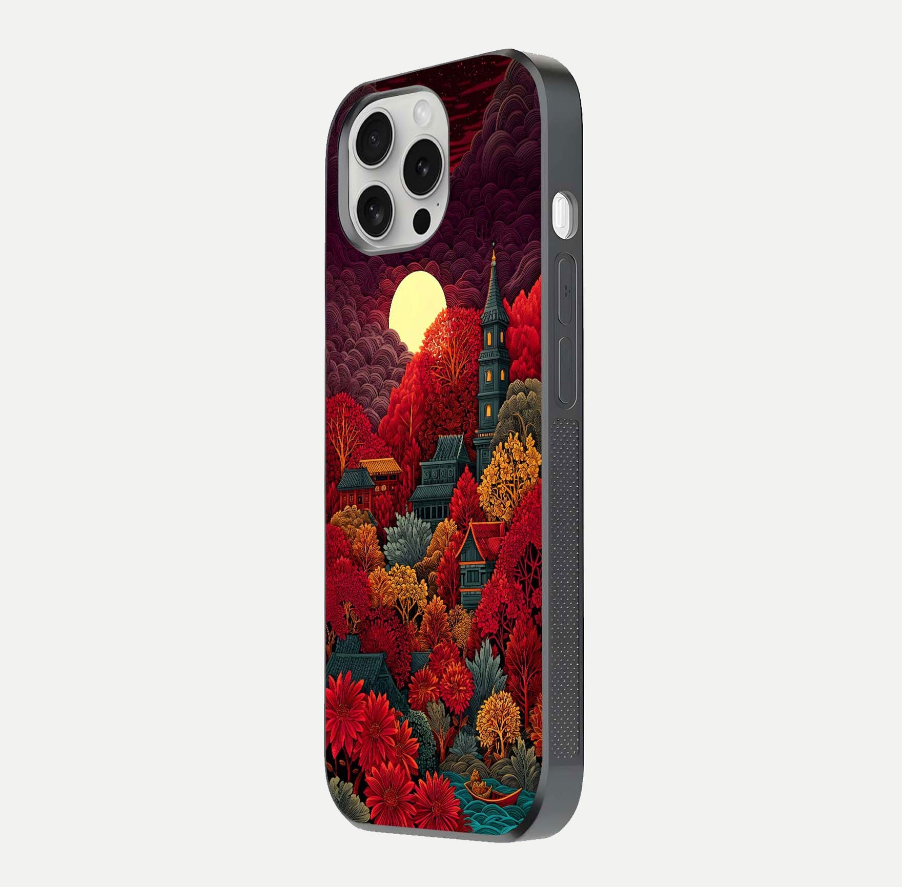 Scarlet Autumn Temple Glass Case for iPhone 16 Pro side-angle image showing color depth and reflection clarity