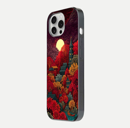 Scarlet Autumn Temple Glass Case for iPhone 16 Pro side-angle image showing color depth and reflection clarity