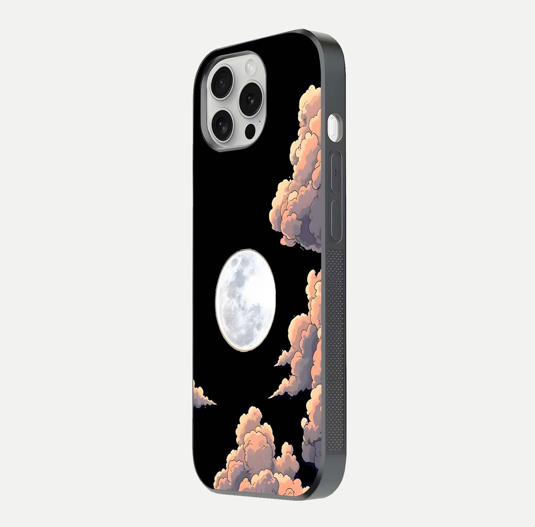 Shade Cloud Moon Glass Case for iPhone 16 Pro side-angle image showing reflection and night-sky detail