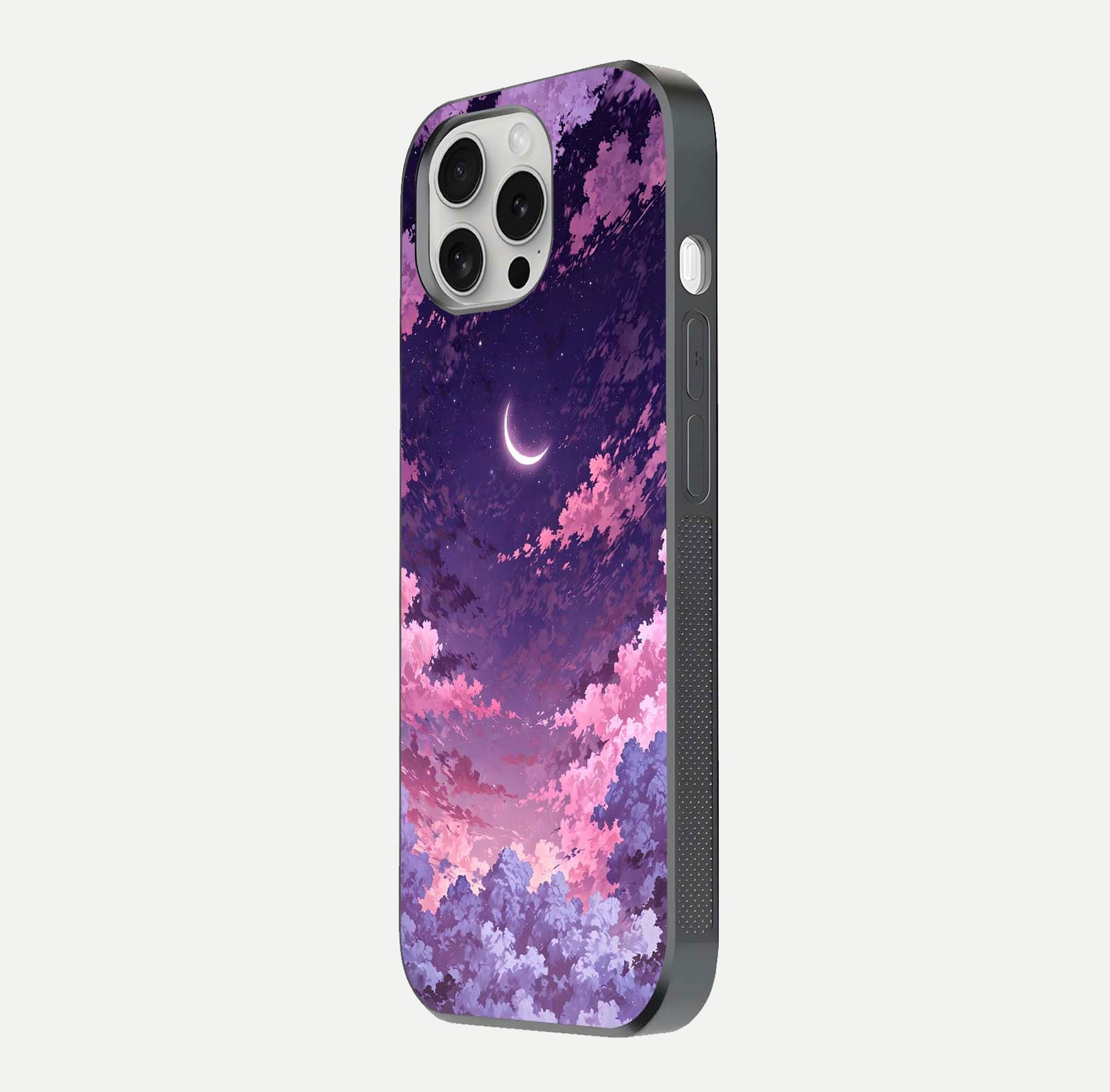 Sky Drift Clouds Glass Case for iPhone 16 Pro side-angle image showing reflection, blue tones, and soft gradient