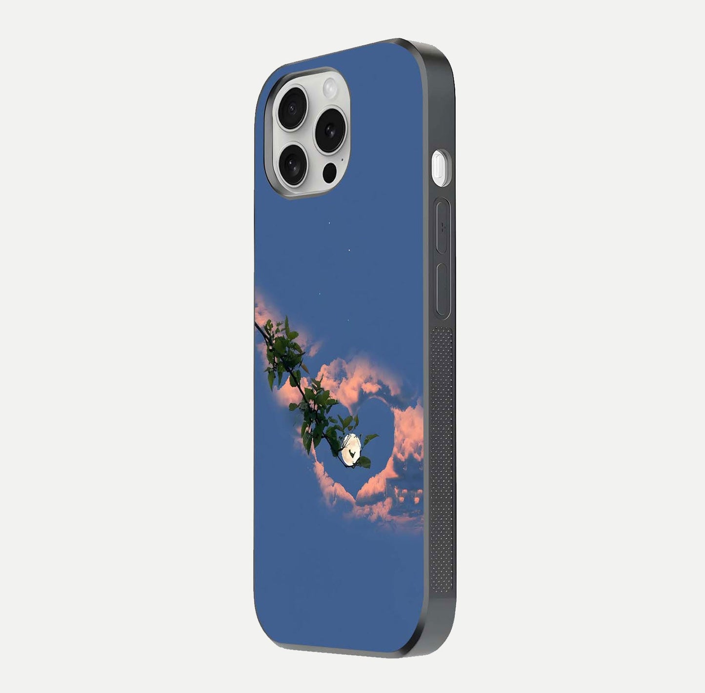 Sky Under Tree Glass Case for iPhone 16 Pro side-angle image showing shine, edge texture, and scenic detail