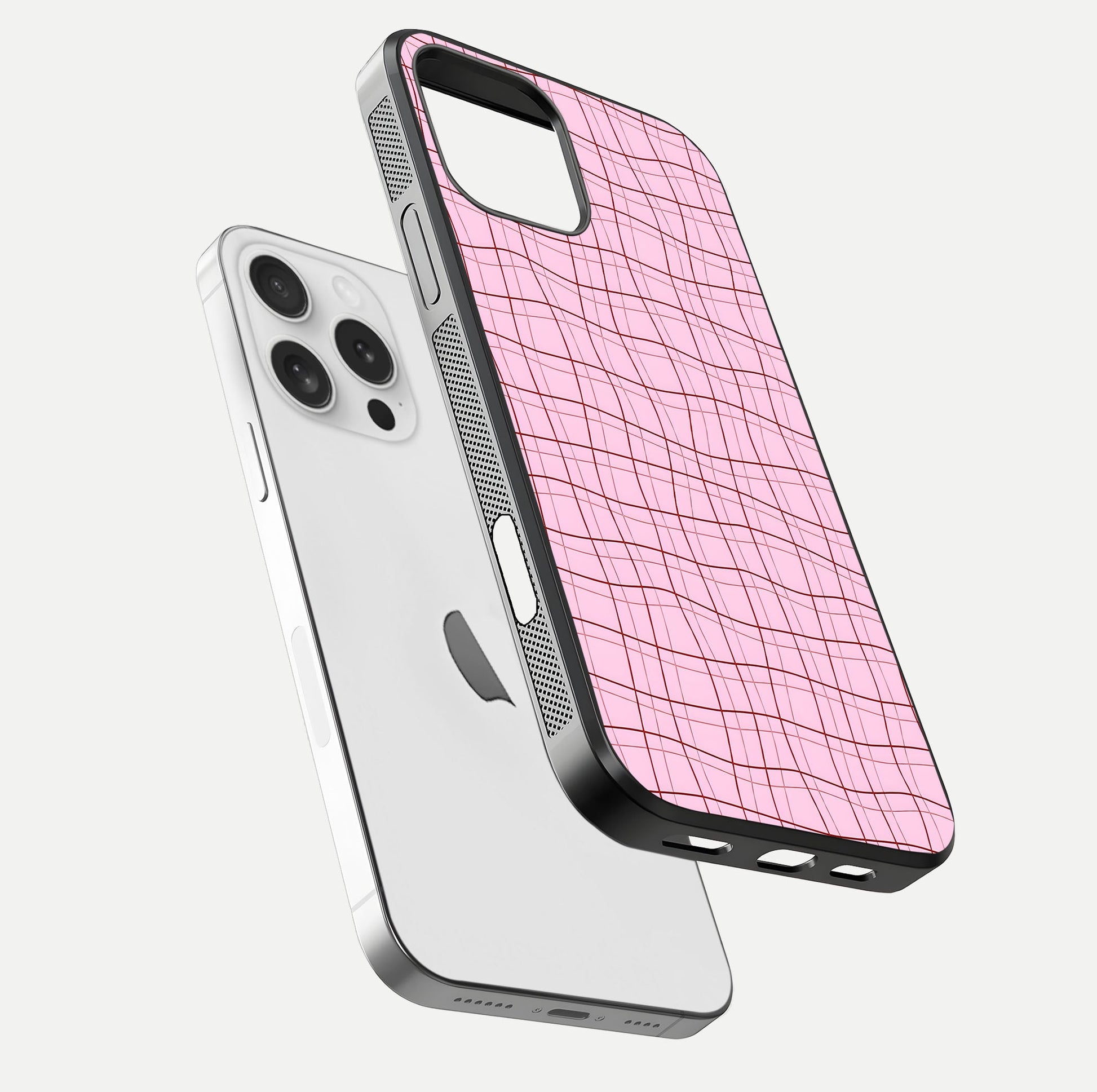 Soft Grid Bliss iPhone 16 Pro glass phone case floating view emphasizing glossy surface and minimal styling
