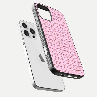 Soft Grid Bliss iPhone 16 Pro glass phone case floating view emphasizing glossy surface and minimal styling