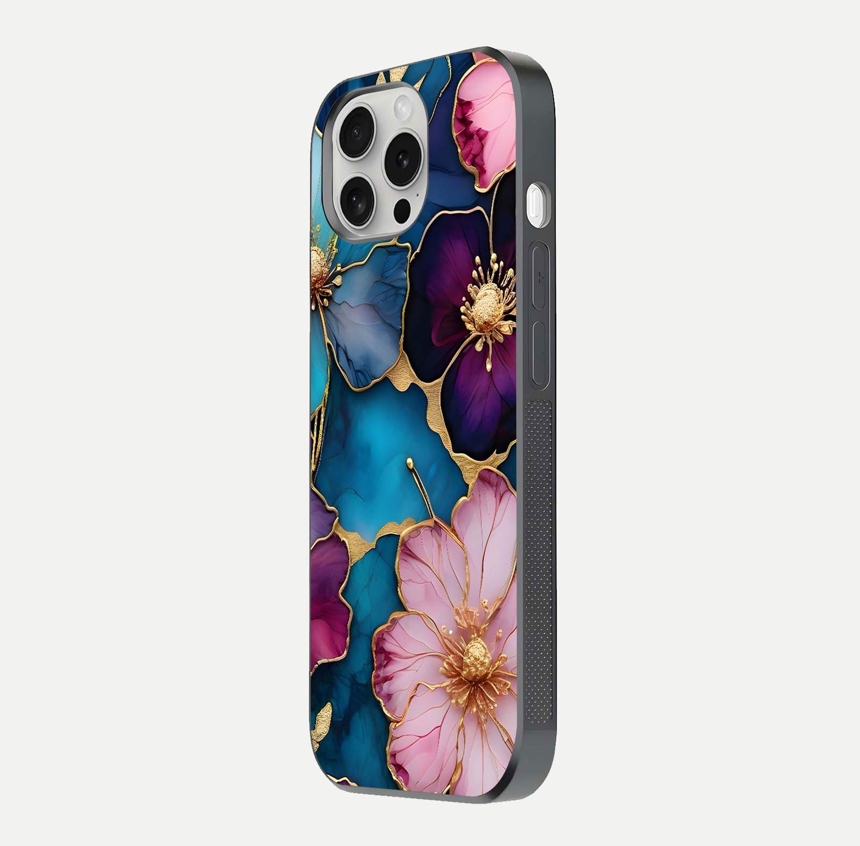 Sparkle Floral Glass Case for iPhone 16 Pro side-angle image showing reflection, gloss, and floral texture