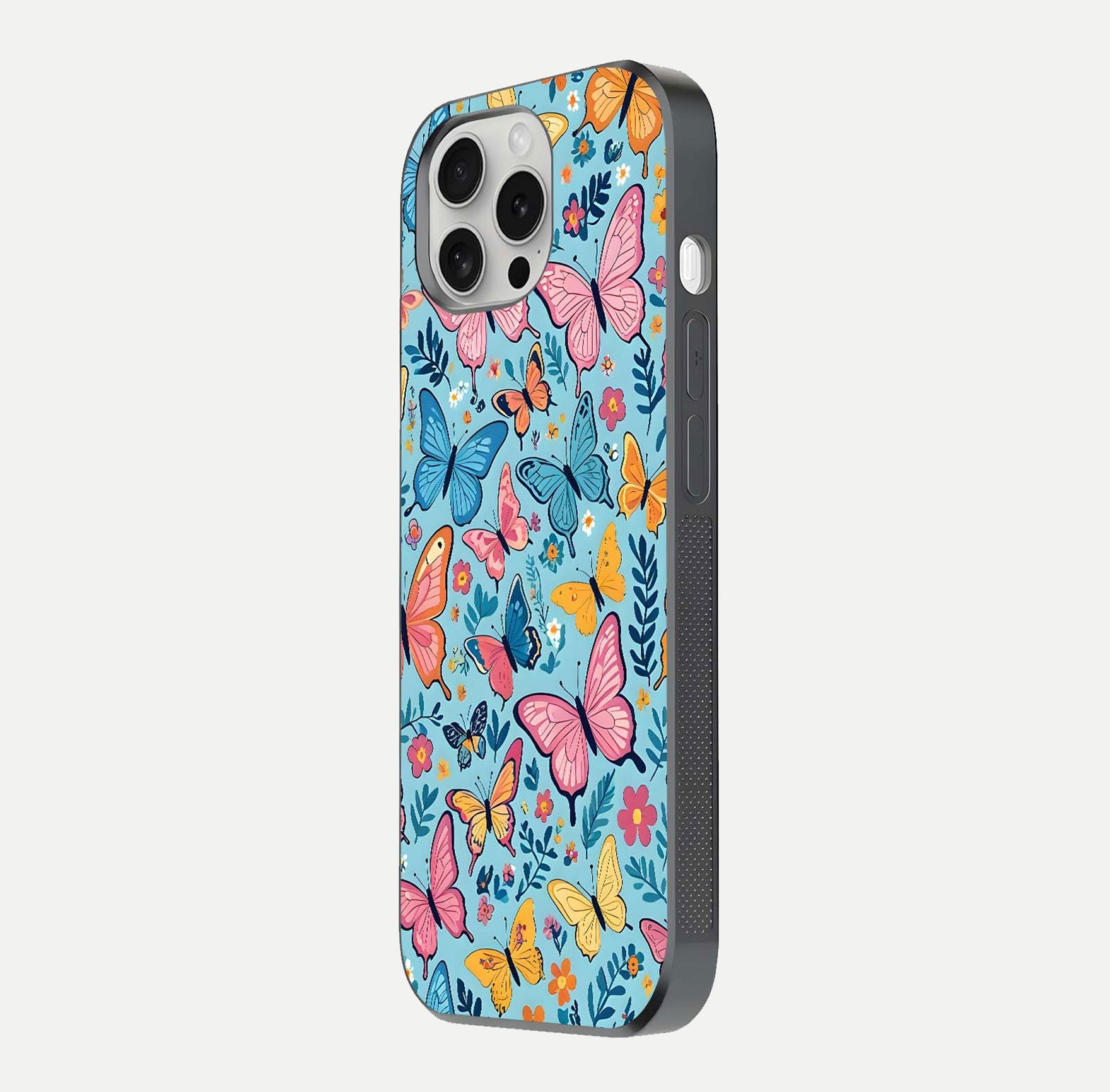 Spiritual Krishna Glass Case for iPhone 16 Pro side-angle image showing reflection and vivid artwork clarity