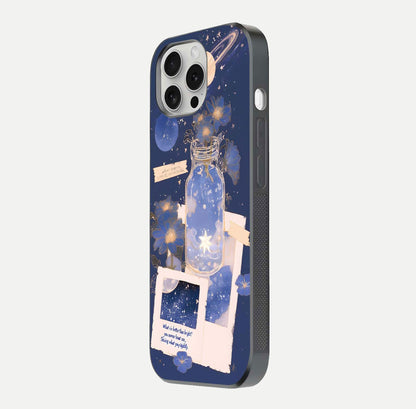 Starlit Cosmic Jar Glass Case for iPhone 16 Pro side-angle image showing glow, texture, and light reflection
