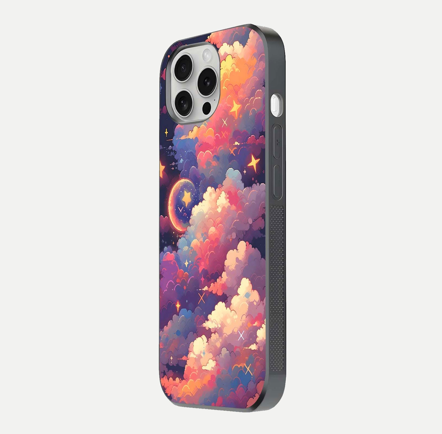Starlit Dream Clouds Glass Case for iPhone 16 Pro side-angle image showing shine, reflection, and dreamy tones