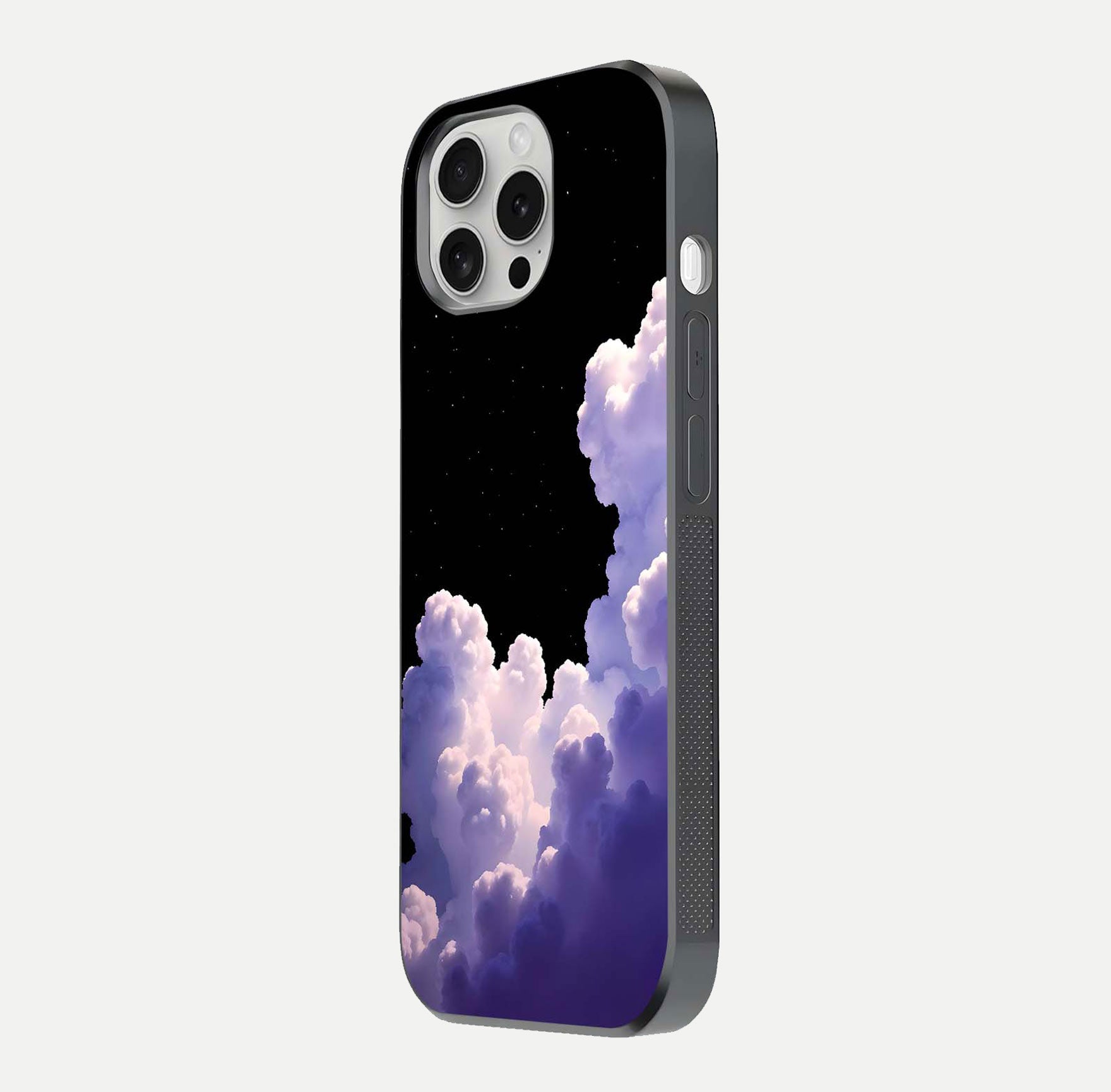 Starlit Night Whispers Glass Case for iPhone 16 Pro side-angle image showing reflection and night pattern shine