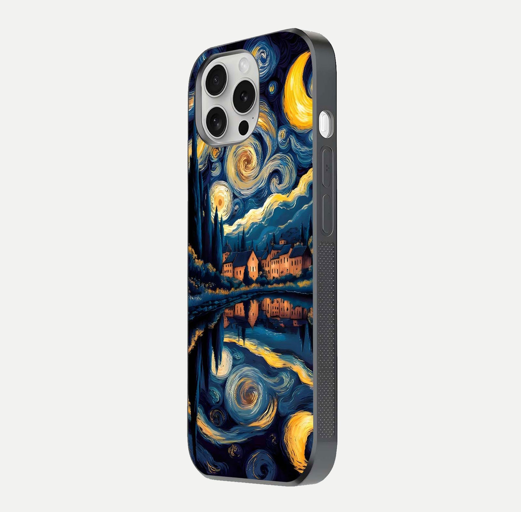 Starry Sky Serenity Glass Case for iPhone 16 Pro side-angle image showing reflection and night-sky detail