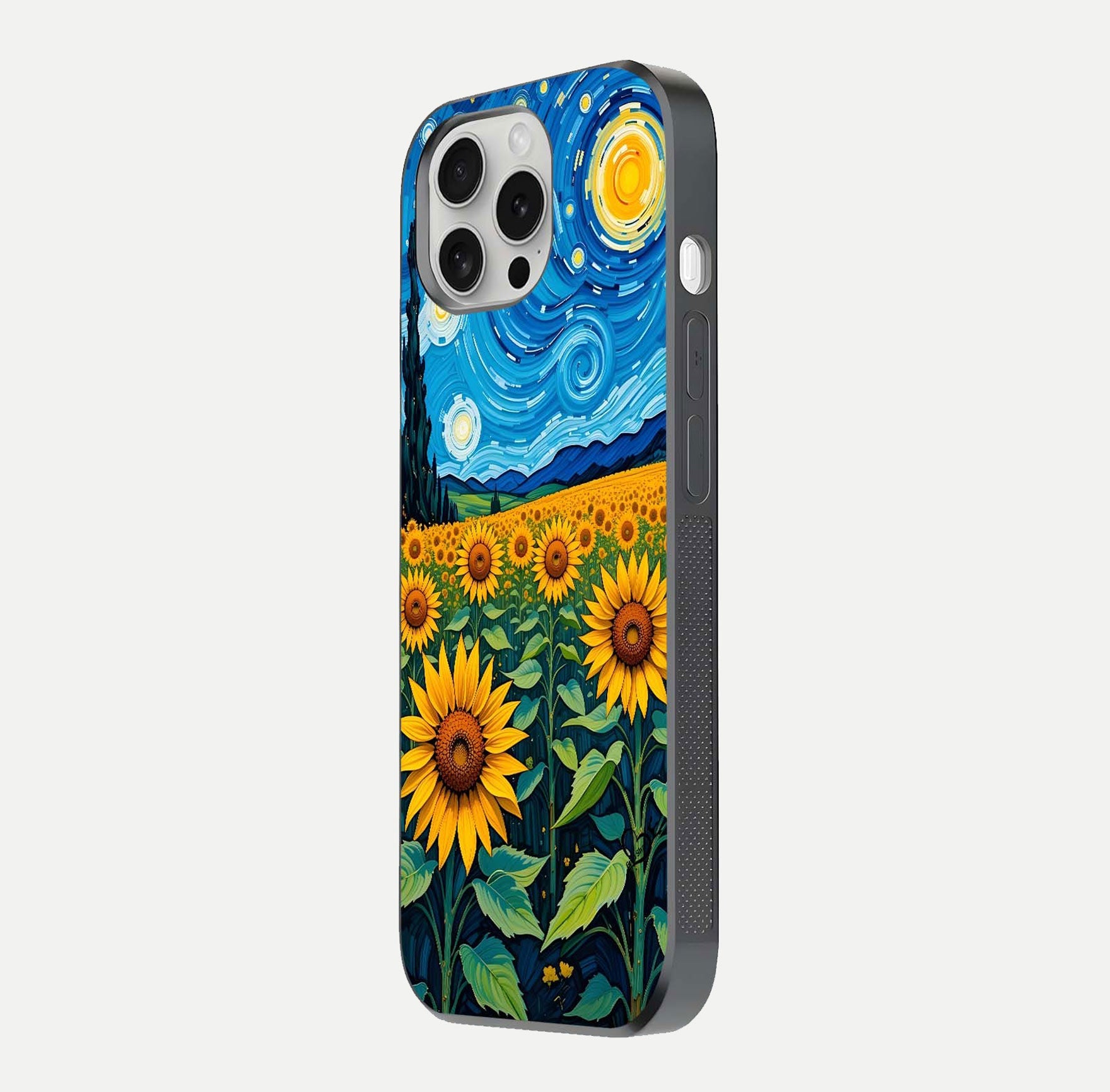 Starry Sunflower Dreams Glass Case for iPhone 16 Pro side-angle image showing reflection, stars, and yellow tone