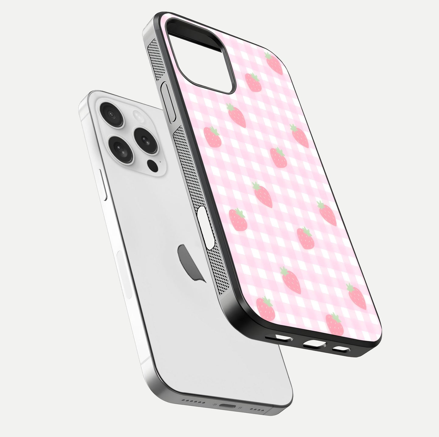 Strawberry Picnic Love iPhone 16 Pro glass phone case floating view emphasizing glossy finish and playful charm