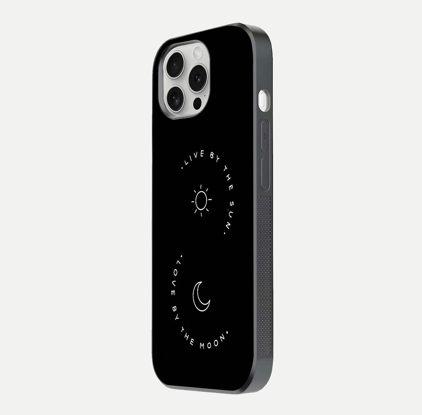 Sun Moon Balance Glass Case for iPhone 16 Pro side-angle image showing reflection and celestial detailing