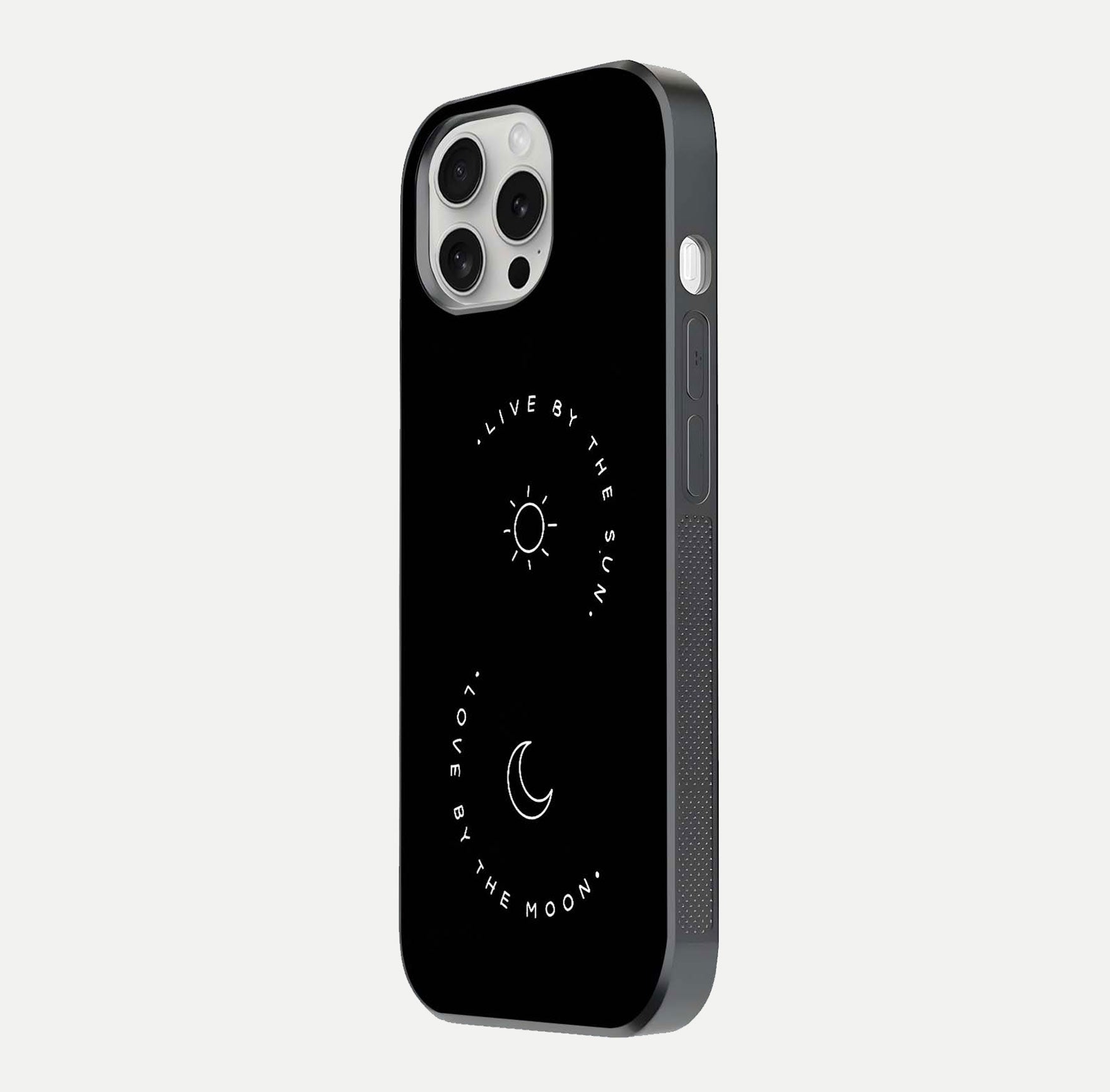 Sun Moon Balance Glass Case for iPhone 16 Pro side-angle image showing reflection and celestial detailing
