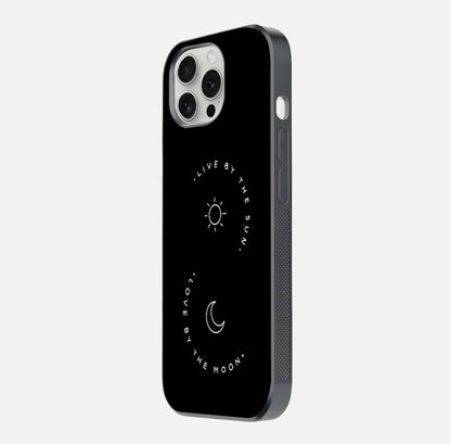 Sun Moon Balance Glass Case for iPhone 16 Pro side-angle image showing reflection and celestial detailing