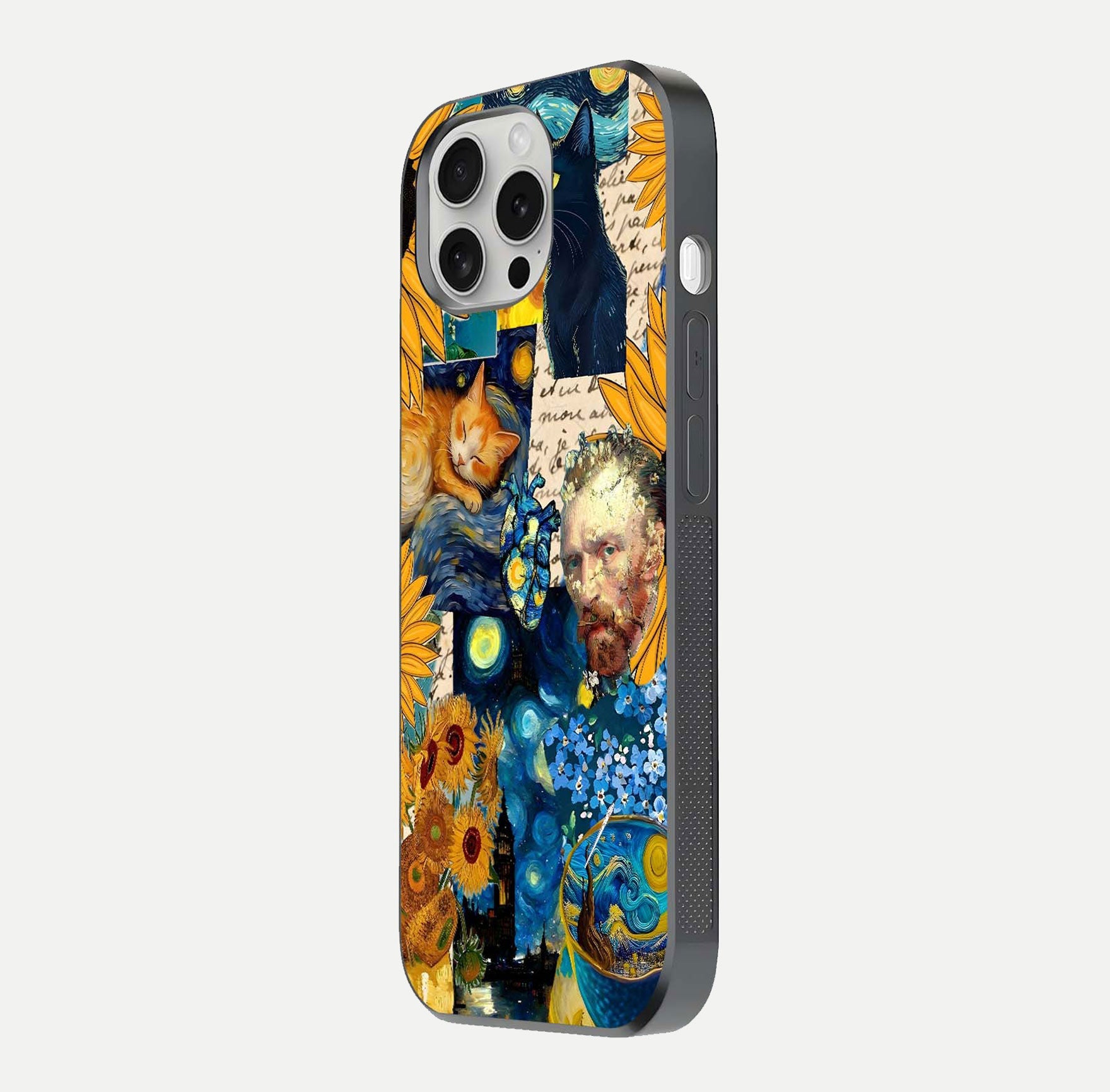 Sunflower Cat Art Glass Case for iPhone 16 Pro side-angle image showing shine, edges, and sunflower texture